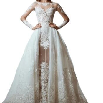 Bridal Gown Detachable Train Lace Sheer Long Sleeves Mother of the Bride Dresses