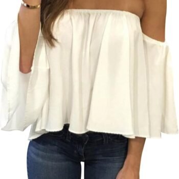 Women Summer Off Shoulder Blouses Short Sleeves Sexy Tops Chiffon Ruffles Casual T Shirt