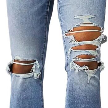 Women Bell Bottom Jeans Flared Ripped Stretchy Mid Rise Cut Out Distressed Denim Bootcut Jeans