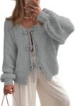 Women Tie Front Bow Cardigan Sweaters Chunky Knit Long Puff Sleeve Trendy Fall Winter Jacket Coats