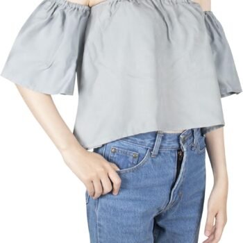 Women Off Shoulder Blouses Short Sleeve Sexy Tops Ruffle Casual T Shirt Ladies Fashion Loose Fit Chiffon Crop Tops Cute Casual Pleated - Solid Grey