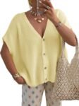 Women Summer Oversized Cardigans Batwing Short Sleeve Lightweight Button V Neck Casual Knit Sweater Tops