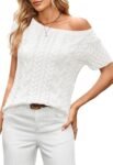 Women Cable Knit Off Shoulder Sweater Top Short Sleeve Crew Neck Pullover