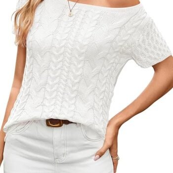 Women Cable Knit Off Shoulder Sweater Top Short Sleeve Crew Neck Pullover