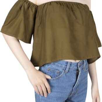 Women Off Shoulder Blouses Short Sleeve Sexy Tops Ruffle Casual T Shirt Ladies Fashion Loose Fit Chiffon Crop Tops Cute Casual Pleated - Green #28