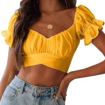 Women Ruffle Short Sleeve Off Shoulder Tie Up Back Crop Blouse Top