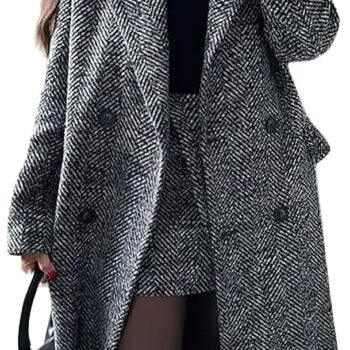 Women Winter Casual Herringbone Wool Coat Double Breasted Notch Collar Dressy Long Trench Coat