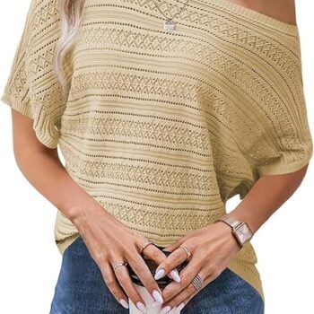 Women Summer Crochet Tops Hollow Off Shoulder Short Sleeve Bat Sleeve Knitted Spring Sweater Tops